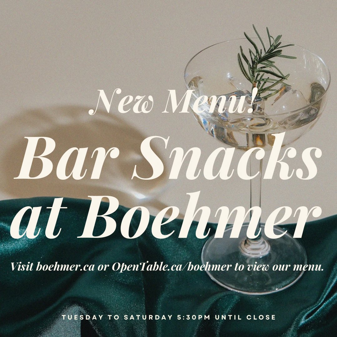 Feeling peckish? Come sit and enjoy a drink and a snack at our bar.  Visit boehmer.ca or OpenTable.ca/boehmer for more details about our menu. See you soon!