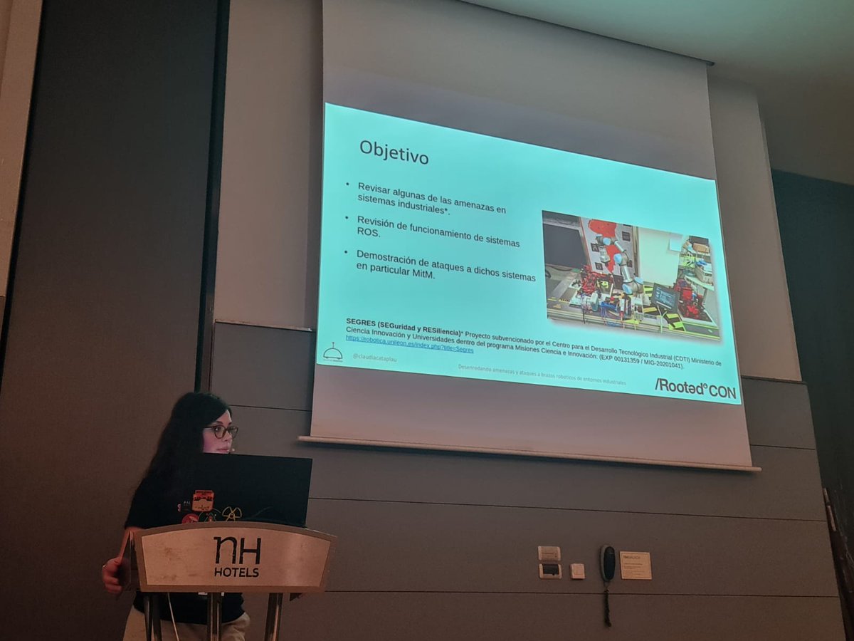 Hoy nuestra compañera <a href="/Claudiacataplau/">Claudia Álvarez</a> ha estado en la <a href="/rootedcon/">/RootedCON</a> #Malaga contando alguno de los resultados del proyecto #SEGRES 💪🤖 <a href="/unileon/">Universidad de León</a>