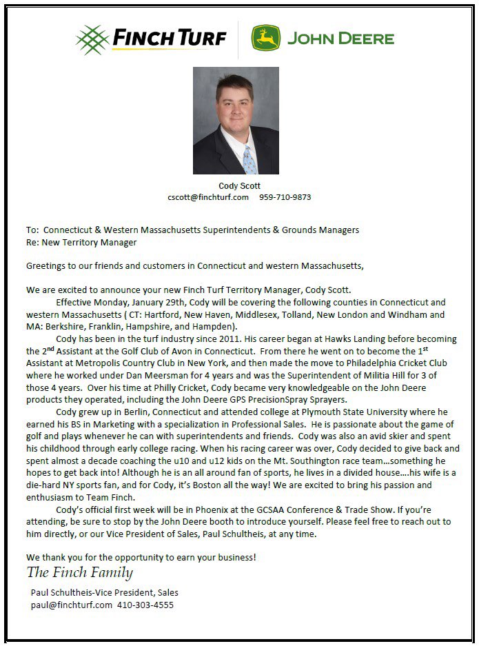 Help us welcome the newest member of #TeamFinch, @CodyScott79 ! 👋🏼🙌🏼 If you’re coming to the @GCSAA show in Phoenix next week, stop by the @JohnDeere booth to introduce yourself!