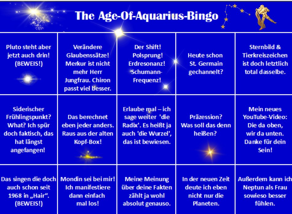 LoopAstrologie's tweet image. Ja, zum x-ten bricht the Age of Aquarius über uns herein. Alles wissen es, Kevin, Mia, Chris und Silke sowieso. Statt uns weiter in astrologische Erklärungen zu verstricken, wieso nicht, spielen wir doch lieber etwas Wassermann-Bingo. Mehr auf Loop! -&amp;gt; bit.ly/3Shjr7w