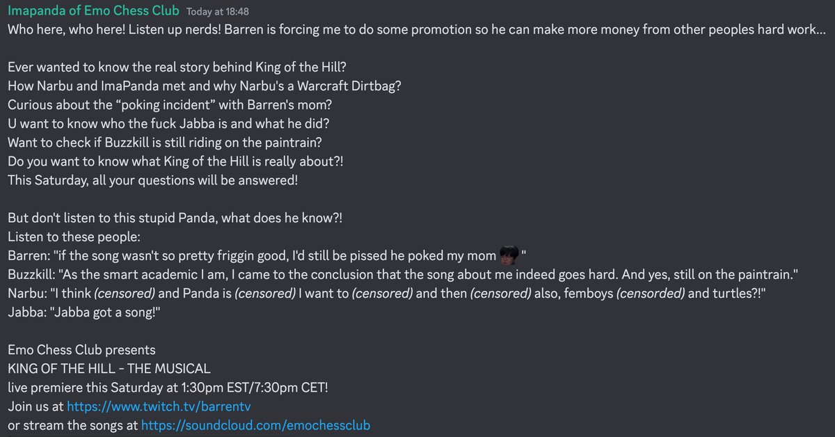 My little musical about King of the Hill will be released tomorrow, POG!
When: Saturday 27th of January 1:30pm EST/7:30pm CET 
Where: twitch.tv/barrentv 
And after the live premiere here: soundcloud.com/emochessclub