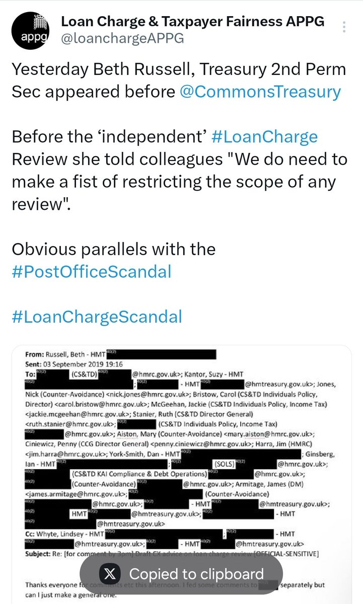 @CommonsTreasury @hmtreasury @hbaldwin @angelaeagle @AnneMarieMorris @drewhendrySNP @danny__kruger @Mather_Keir @Siobhain_Mc @theresecoffey 'We do need to make a fist of restricting the scope of any review'

Maybe @hbaldwin, could have asked @bethjrussell1 why INTERFERED in #LoanCharge Review?

@CommonsTreasury will have to explain FAILURE to act over #LoanChargeScandal when ITV come knocking.
twitter.com/loanchargeAPPG…