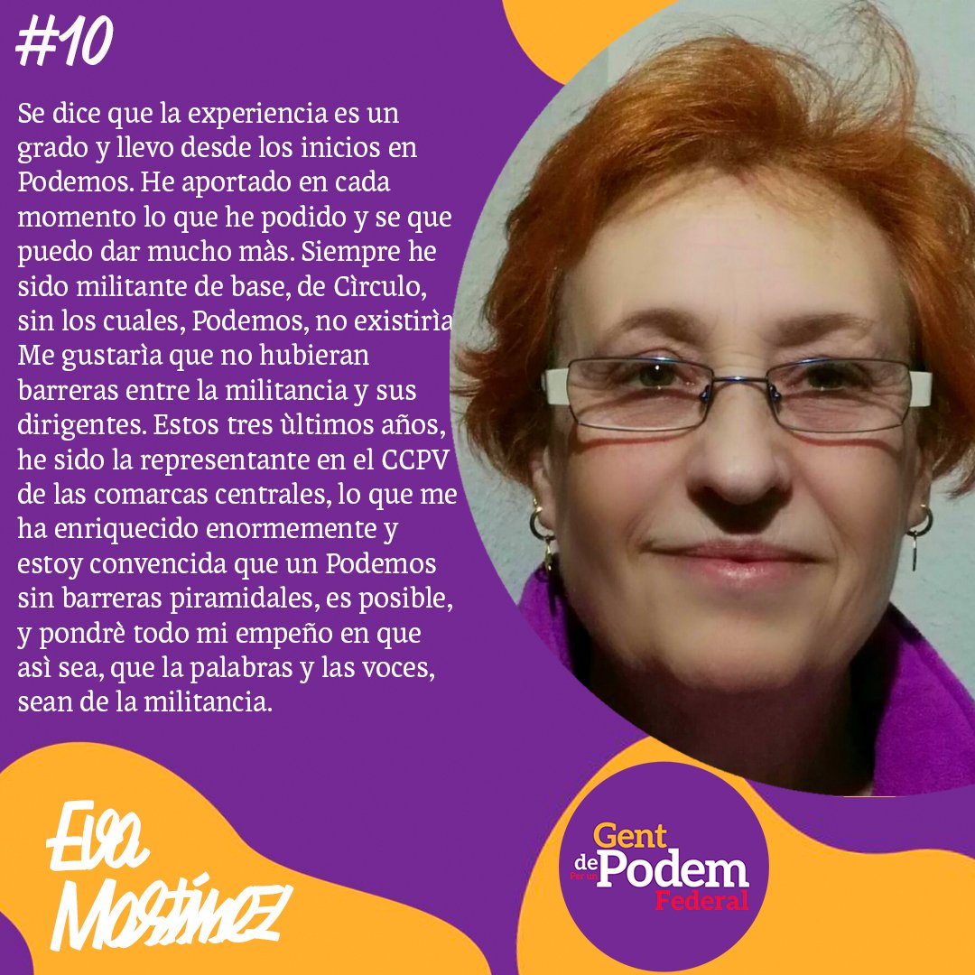GentdPodemFed's tweet photo. Os presentamos otra persona integrante de nuestra lista.

#10 Eva Martínez

"Se dice que la experiencia es un grado y llevo desde los inicios en Podemos. He aportado en cada momento lo que he podido y se que puedo dar mucho màs."

#gentdepodem 
#gentdepodemfederal https://t.co/85lm7M0KS6