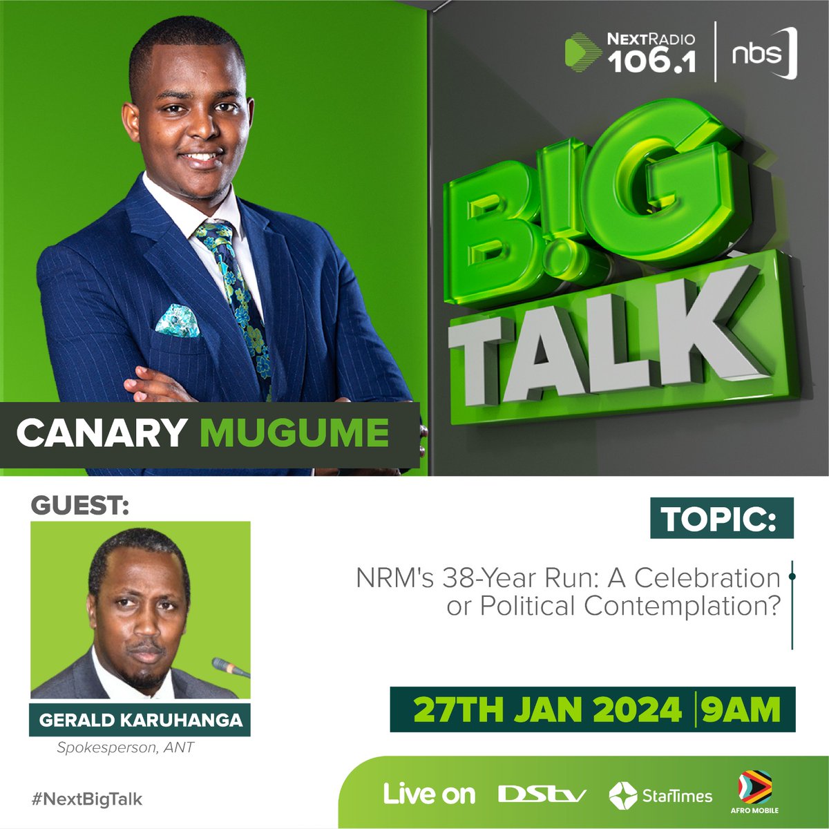 NRM's 38-Year Run: A Celebration or Political Contemplation? On #NextBigTalk tomorrow, @CanaryMugume hosts @Opiaiya, @harderHB, @GeraldKaruhanga and @RugumayoE to discuss this and more. Watch live on the @afromobileug app. #NBSUpdates