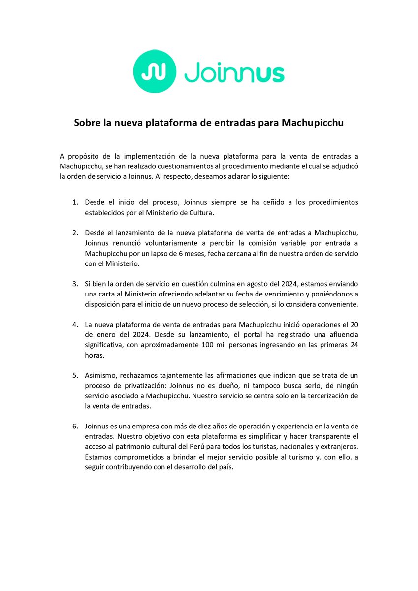 joinnus's tweet photo. Comunicado de Joinnus sobre la nueva plataforma de entradas para Machupicchu https://t.co/3ntnd29yeD