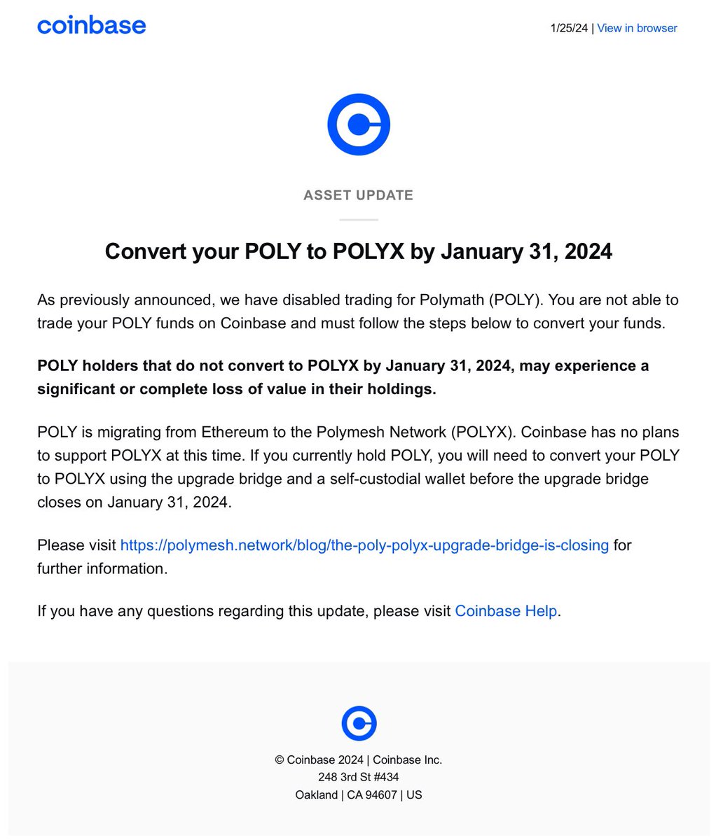 Leo_Corbucci's tweet image. Dear @coinbase @CoinbaseSupport you do realize you can trigger a PANIC CHAIN reaction with the email you sent right?

I have more than $20K on crypto in COINBASE and you send me an ultimatum email on POLY Coin that you DONT allow me to transfer or sell?! Should I escape Coinbase?