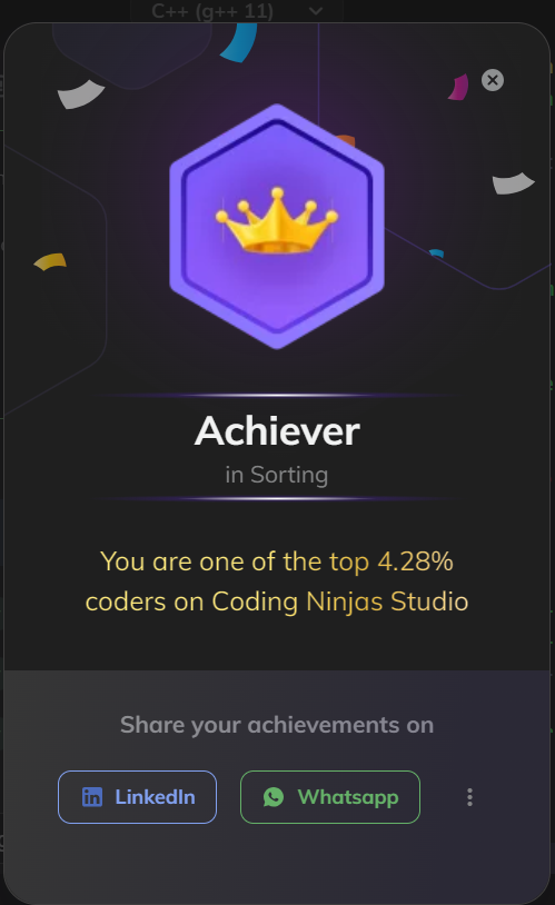 manish_iitg_'s tweet image. Congrats on earning your Achiever in Sorting on Coding Ninjas Studio! 🌟 Showcase your hard-earned skills and knowledge with your network by sharing this badge. Keep learning and level up your career! #SkillBadge #CodingNinjasStudio students.codingninjas.com/share/image?re…