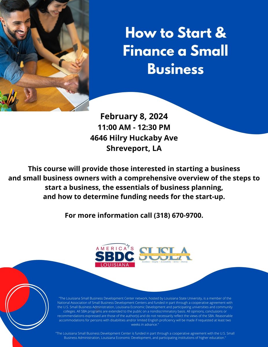 It's a new year and you are eager to start your business.  Let us help you get ready!  #SUSLA #LSBDC #SBA

Register today:  www2.lsbdc.org/workshop.aspx?…