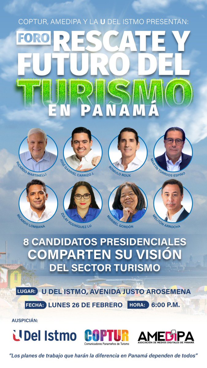 Estamos en plena organización del Foro de Turismo con los 8 Candidatos presidenciales. 
Ya nos están confirmando.!!!
#Panamá #Turismo