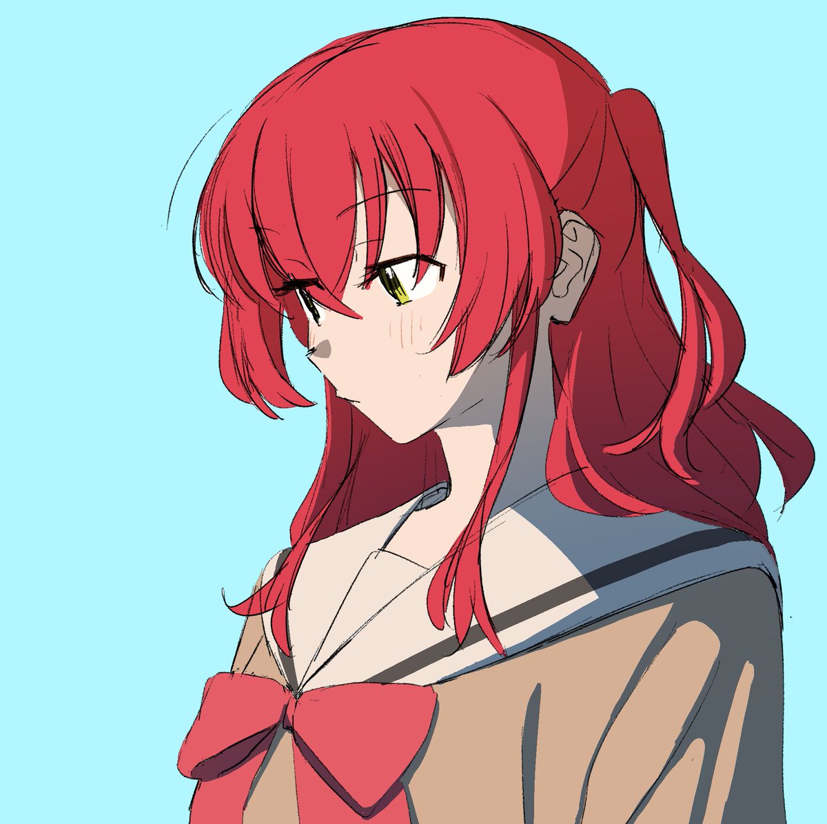 kita ikuyo 1girl solo school uniform red hair simple background blue background long hair  illustration images