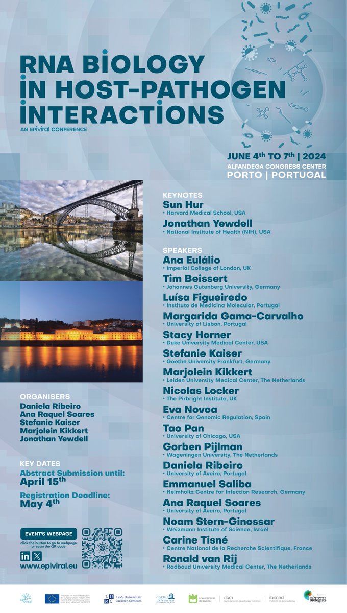 Exciting news! 🎉 

We are proud to announce the lineup of speakers for our upcoming conference "RNA biology in host-pathogen interactions" to be held in Porto, Portugal from June 4th to 7th, 2024.

More info:bit.ly/RNAHostPathInt

📱Stay tuned for more details! 

#SaveTheDate