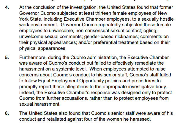This is a settlement resulting from a US DOJ investigation into alleged sexual harassment by former Gov. Cuomo.

Among the findings: