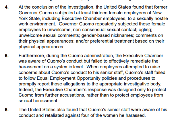 This is a settlement resulting from a US DOJ investigation into alleged sexual harassment by former Gov. Cuomo. Among the findings: