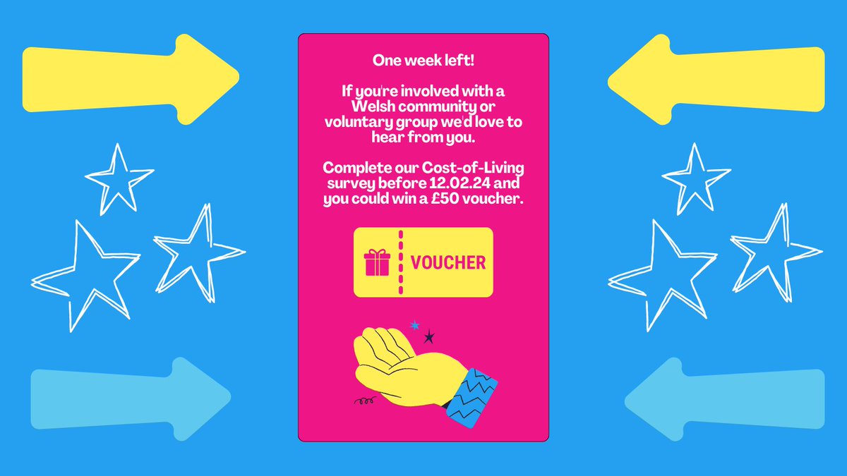 🌠📡One week left! If you're involved with a Welsh community or voluntary group, complete our Cost-of-Living survey before 12.02.24 and you could win a £50 voucher. Thank you! Click here: forms.gle/Sg1iYSh5JQLfEX… @BAVO_CVC @cavoceredigion @SwanseaCVS @InterlinkRCT @PembsPAVS