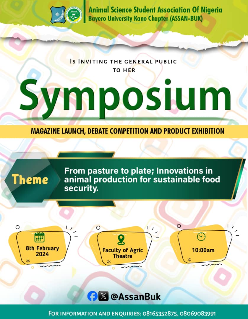 🌱 Join us on a journey 'From Pasture to Plate' 🍽️ as we explore cutting-edge innovations in animal production for sustainable food security! 🚀 Save the date: February 8, 2024, 10 am. Let's shape the future of agriculture together! 🌍 #SustainableAgric #Symposium2024 #AssanBUK