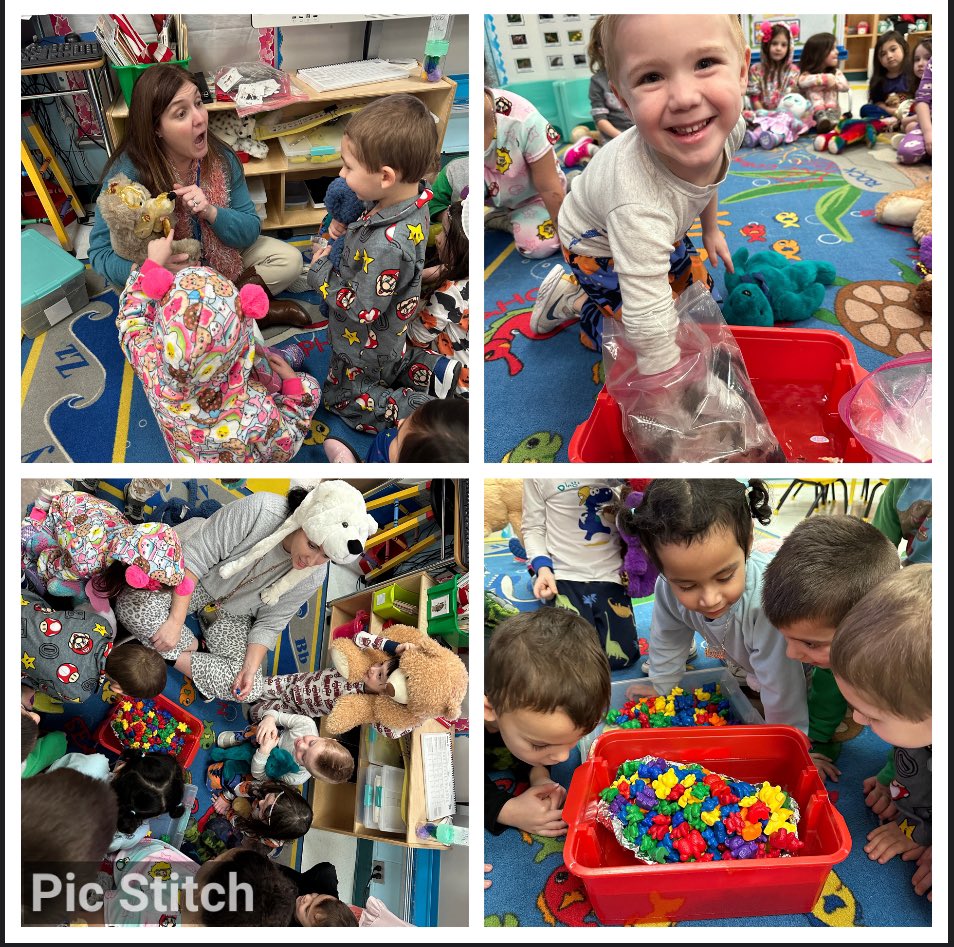 mrs_pre's tweet photo. Teddy Bear PJ Day! We weighed, sorted, and measured our bears. We predicted how many bears would fit inside tinfoil boats. We explored why bears can stay out in the cold by covering our hands in lard and fur before dipping them into ice water!  Pre-K rocks! @OquenockWI #wiproud https://t.co/hZAw7pB8JK