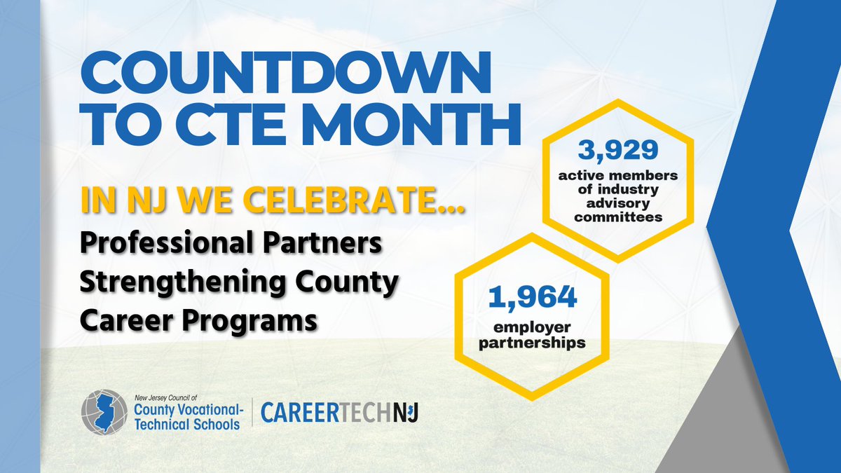 The countdown is on to #CTEMonth. As we wrap up profiling our NJ county-vocational technical schools' 2023 Business Partners of the Year, we are reminded that these impressive partnerships help drive our #njcte success. #workforcedevelopment #CareerTechEd #goodnewsinNJschools