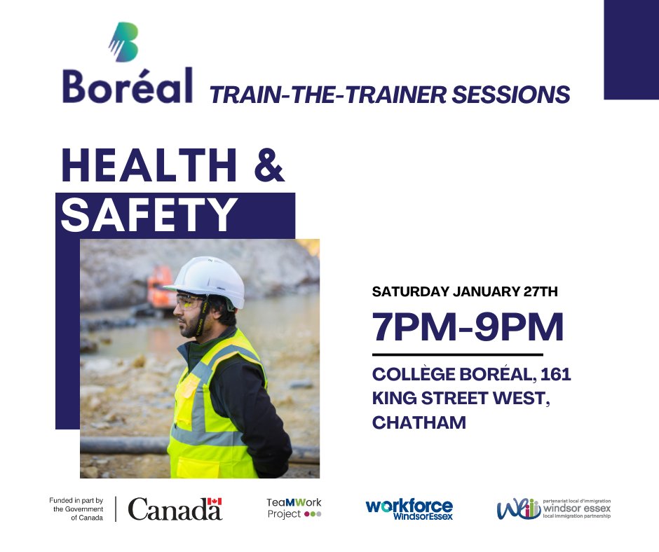 Collège Boréal Chatham Campus (161 King St. W) is offering a Health & Safety Train the Trainer program for migrant workers on Saturday, Jan 27 from 7-9PM. Come out and learn how to stay safe on the job. 

Contact (519) 397-1677 for more information. 

#CKImmigrationMatters