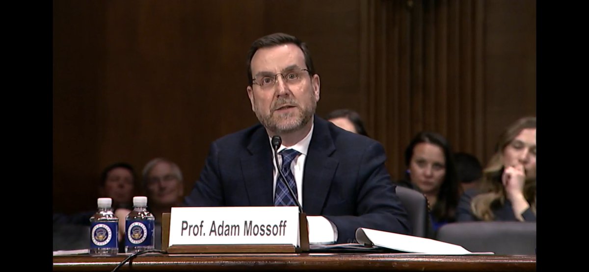 AdamMossoff's tweet photo. I was honored to be invited to testify before Senate IP Subcommittee on important #patent bill by @SenThomTillis & @ChrisCoons to #fix101. Congress should enact PERA & bring back gold standard patent system. You can watch hearing & read my testimony here: https://t.co/aBnCuJ3iJc https://t.co/F17mjz3ViJ