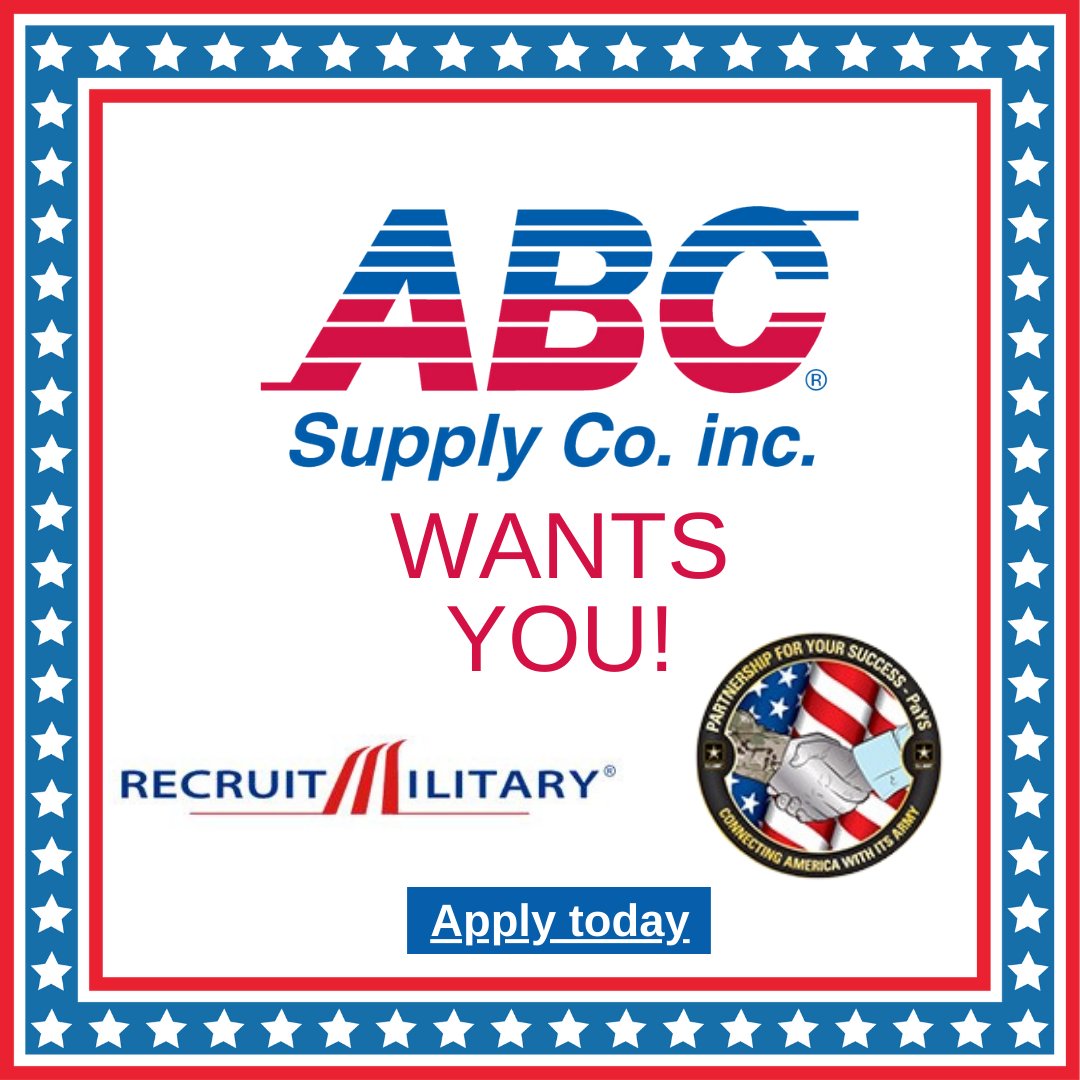 ABC Supply respects those who have served our nation. Learn more at careers.abcsupply.com/military-commi… #ABCSupply #AmericanPride #HireVeterans #JobsforVets #MilitaryFriendly #MilitaryHiring #VeteranEmployer #VeteranHiring #VeteranJob #Veterans