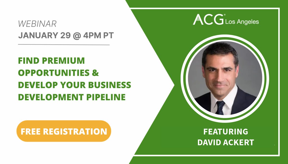 Join David Ackert and ACG Los Angeles for a complimentary webinar on Monday, January 29: bit.ly/3HzJlyE
#businessdevelopment #businessdevelopmendsimplified #pipelineplus