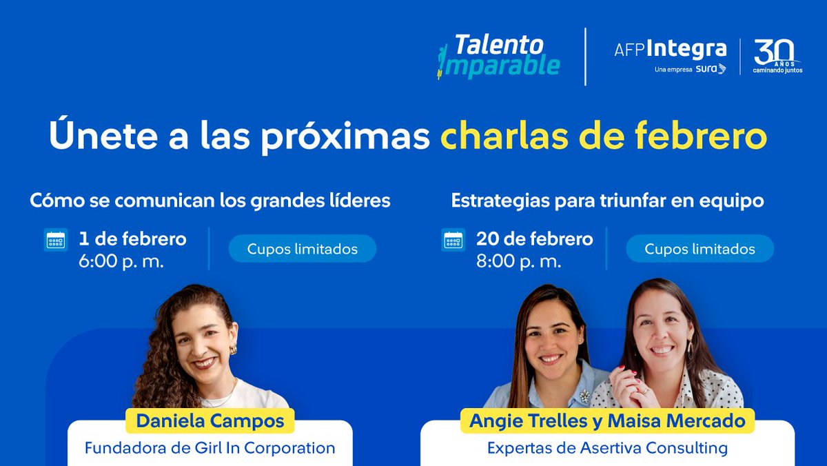 ¡Inscríbete a las próximas charlas de #TalentoImparable! 📣
Daniela Campos, Angie Trelles y Maisa Mercado te brindarán consejos para que potencies tu #empleabilidad. Si quieres formar parte de sus charlas, inscríbete en talentoimaprable.pe