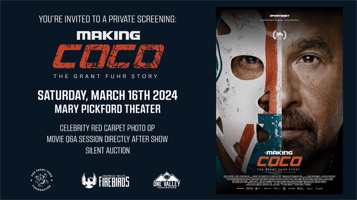 Join us for a private screening, red carpet, and Q&A of Making Coco: The Grant Fuhr Story on March 16th! All money raised will benefit the Grant Fuhr Foundation and @OneValleyFDN @grantfuhr Limited availability! Purchase your tickets now: bit.ly/490JJSA