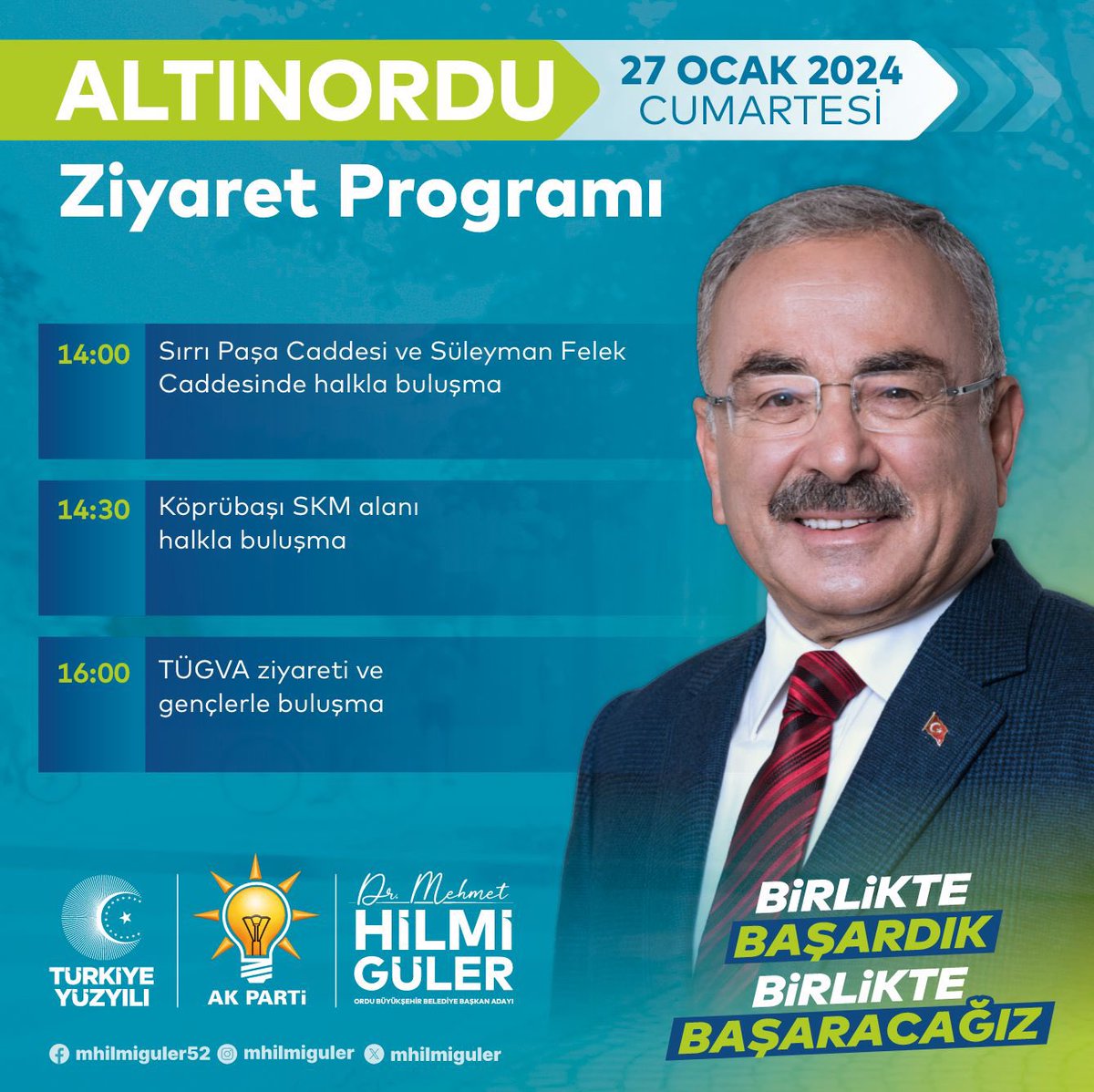Büyükşehir Belediye Başkanımız ve Adayımız Sayın Dr. Mehmet Hilmi Güler' in  Altınordu programı.

#HazırızKararlıyız