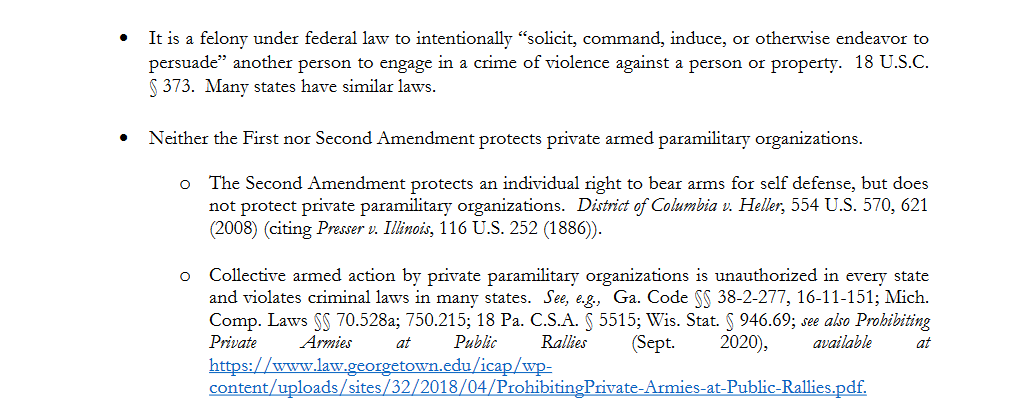 tjean316's tweet photo. Why this sound like a J6 statement:
โข The First Amendment does not protect speech that incites imminent violence or lawlessness.
Brandenburg v. Ohio, 395 U.S. 444, 447 (1969).
โข Threats of violence, stalking, and harrassing people, whether private individuals or public officials, are
not protected by the First Amendment and may violate multiple federal and state criminal laws.