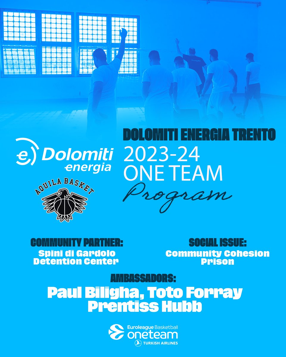 🤩 @AquilaBasketTN empowers change for inmates with One Team! 🏀 Partnering with Spini di Gardolo Detention Center to promote community cohesion. Ambassadors Paul Biligha, Toto Forray and @PHubb_3 instill life skills like motivation and personal responsibility through…