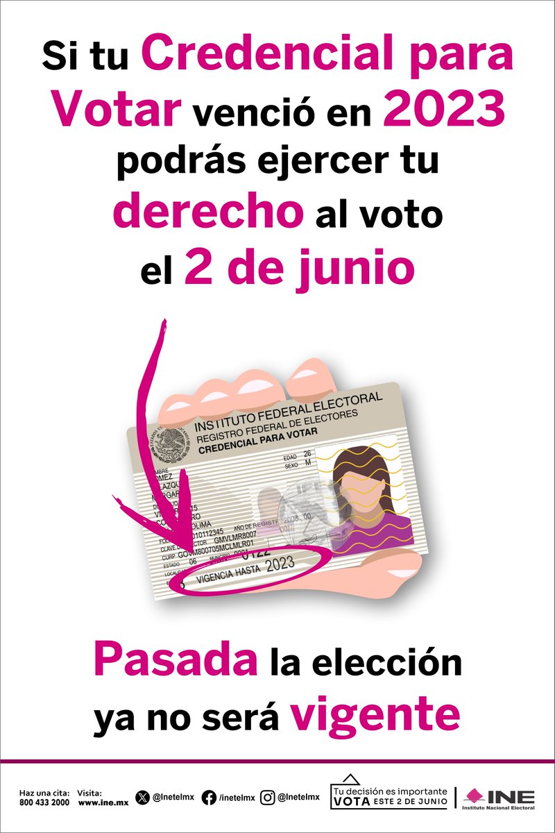 ⚠️⚠️Aviso Importante‼️
Si tu #CredencialParaVotar tiene vigencia 2023, no te preocupes con ella pordás votar el 2 de junio de 2024. Pasada la eleccion la debes renovar👈
#ContamosTodasContamosTodos
