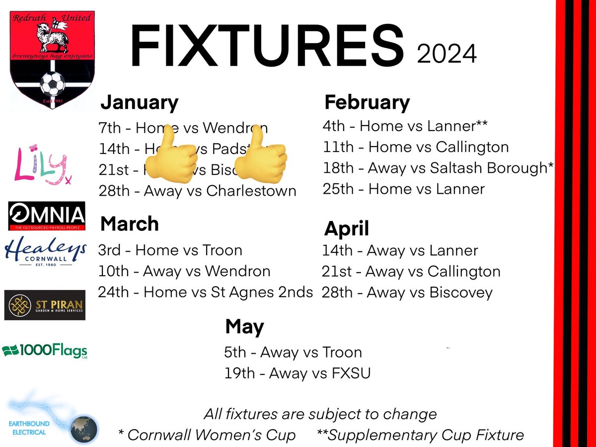Up to date fixture list for those that follow The Reds, including our cup clash with Div 1 @saltashborough
#fixtures
#upthereds
❤️🖤