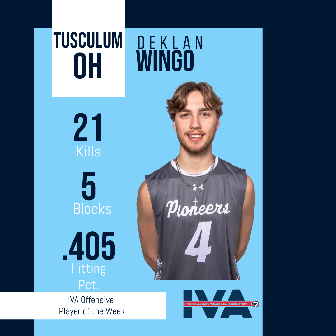 IVA_MVB's tweet photo. We apologize for the delay but here are the IVA Offensive and Defensive Player of Week Winners (Jan 14-20):

Offensive: Deklan Wingo (@TusculumMVB)
21 kills, .405 hitting pct., 5 blks in a 5-set win over King.

Defensive: Eli Chambers (@Saints_MVB) - 12 digs, 4 assists, 0 RE https://t.co/Y2GWm7Pbez