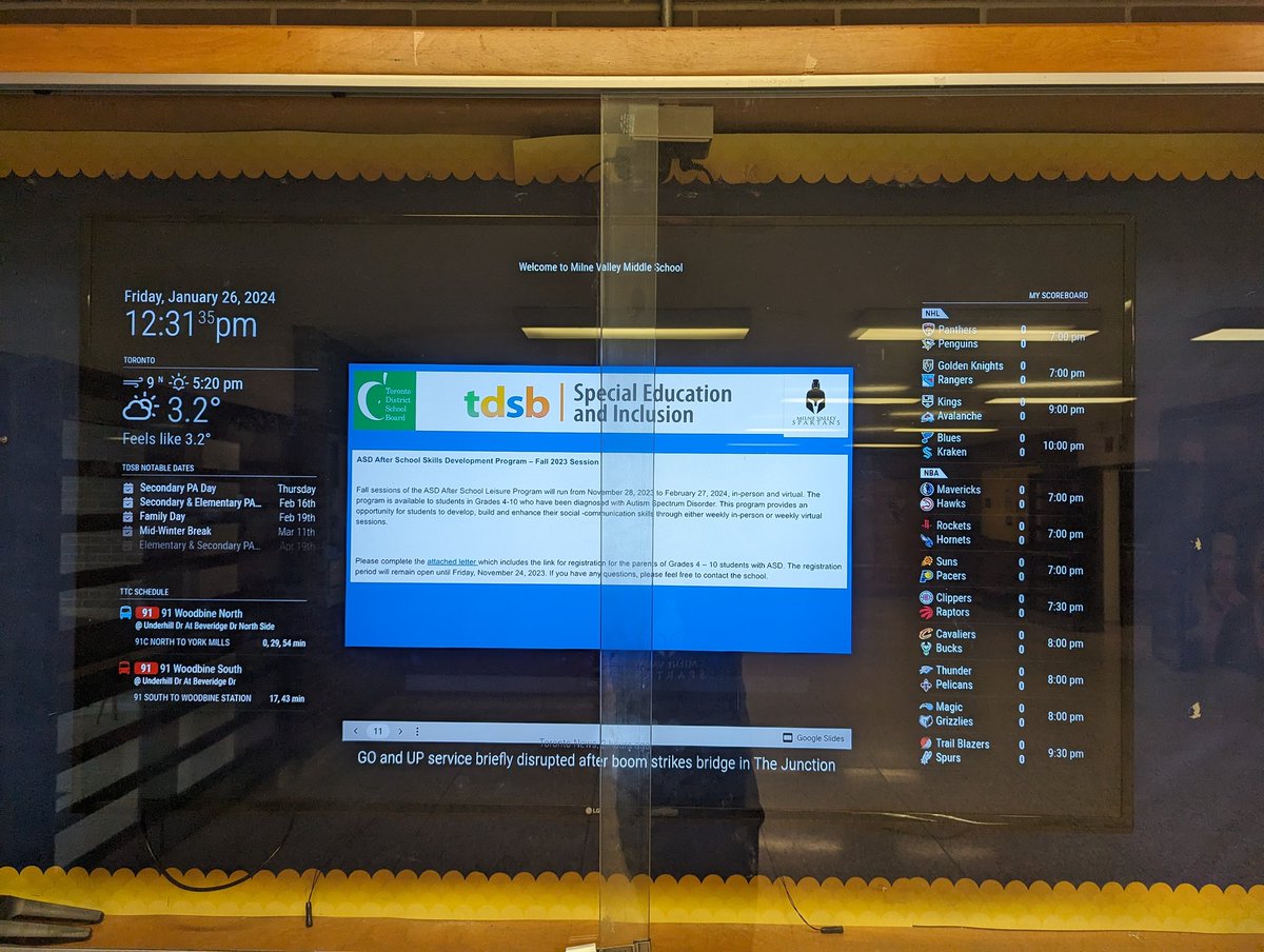 demost9's tweet photo. @tdsb @MilneMS Kids coded a  raspberry pi to give us our own CP24. Includes bus times, weather, TDSB dates, news headlines, our school newsletter, and sports scores. #gospartansgo https://t.co/RYEaPytZP8