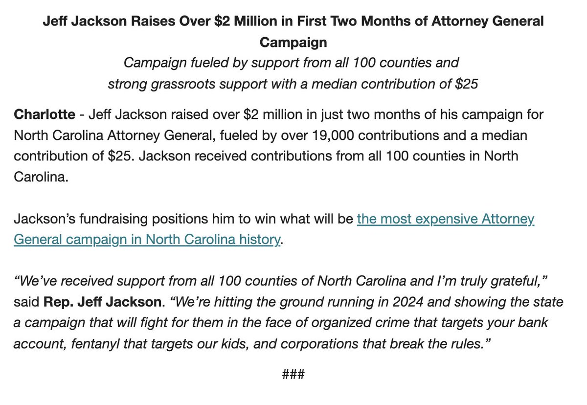 AndrewSolender's tweet image. Rep. Jeff Jackson says he raised $2 million in two months for his state attorney general campaign: