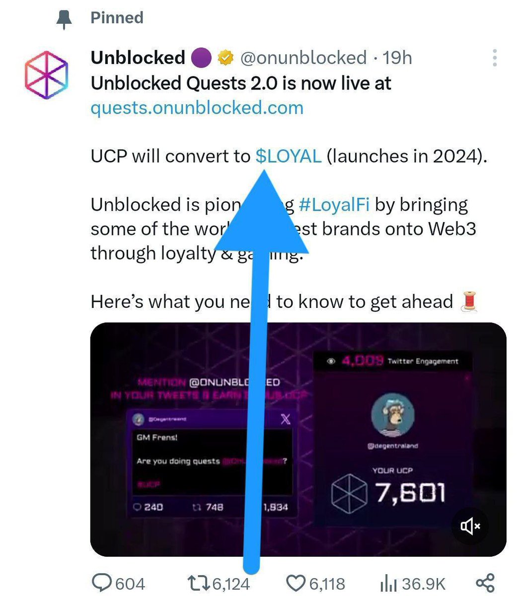 Unblocked Airdrop  Confirmed 🔥

Collect UCP as much as you can✅

UCP will convert to $LOYAL token ✅

➡️Claim 65,000 UCP :
quests.onunblocked.com 

Reffer Code:- VyTJzEBhl5

✅You can find Trivia quiz answer on ChatGPT or Google

👉Check On Daily Basis For New Quests