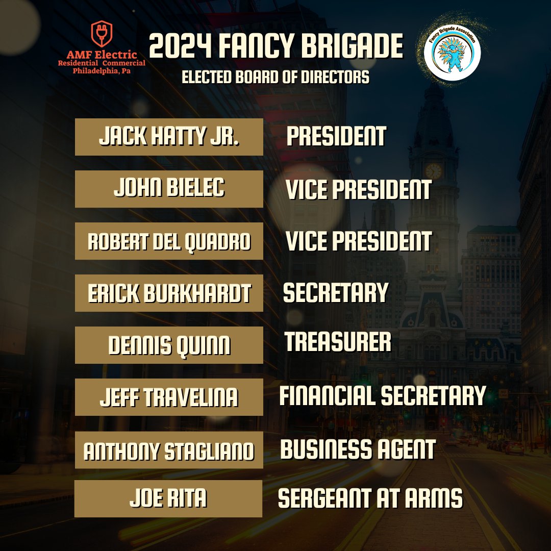 Congratulations to the newly elected Fancy Brigade Association Board of Directors.
Post Sponsor: AMF Electric
amfelectricphilly.com