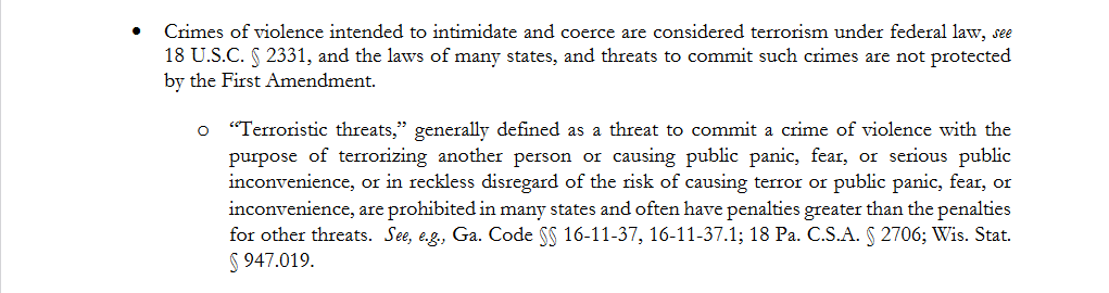 tjean316's tweet photo. Why this sound like a J6 statement:
โข The First Amendment does not protect speech that incites imminent violence or lawlessness.
Brandenburg v. Ohio, 395 U.S. 444, 447 (1969).
โข Threats of violence, stalking, and harrassing people, whether private individuals or public officials, are
not protected by the First Amendment and may violate multiple federal and state criminal laws.