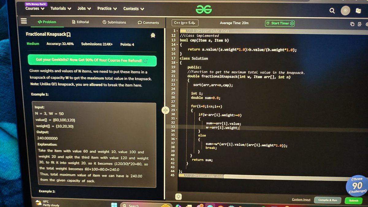 rox_getit's tweet image. DSA REVISION DAY 67
Problem - Fractional Knapsack