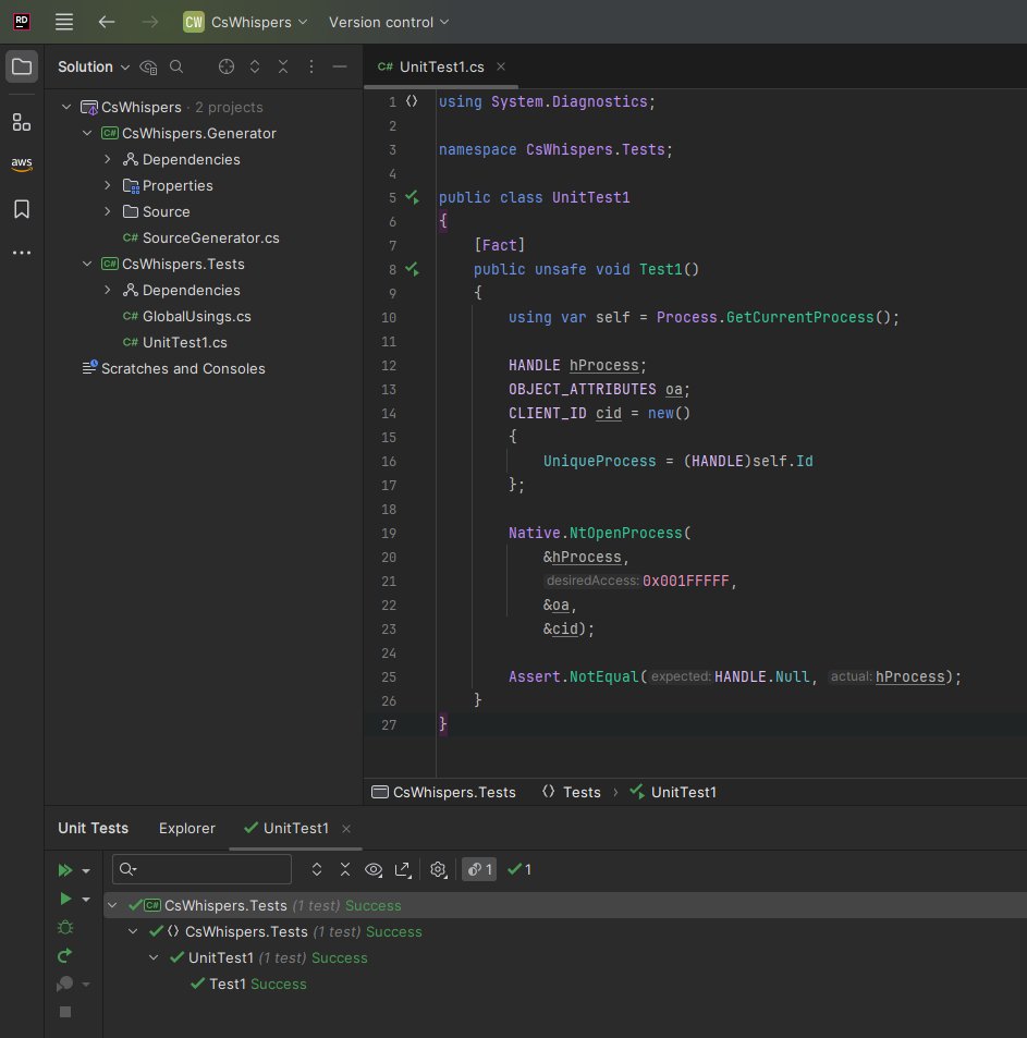 I ported part of D/Invoke and <a href="/d_glenx/">GlenX</a>'s SharpWhispers to a C# source generator. This is using indirect syscalls &amp; function hashing in the background. All the methods and structs etc are automatically generated. No more copy/pasting code.