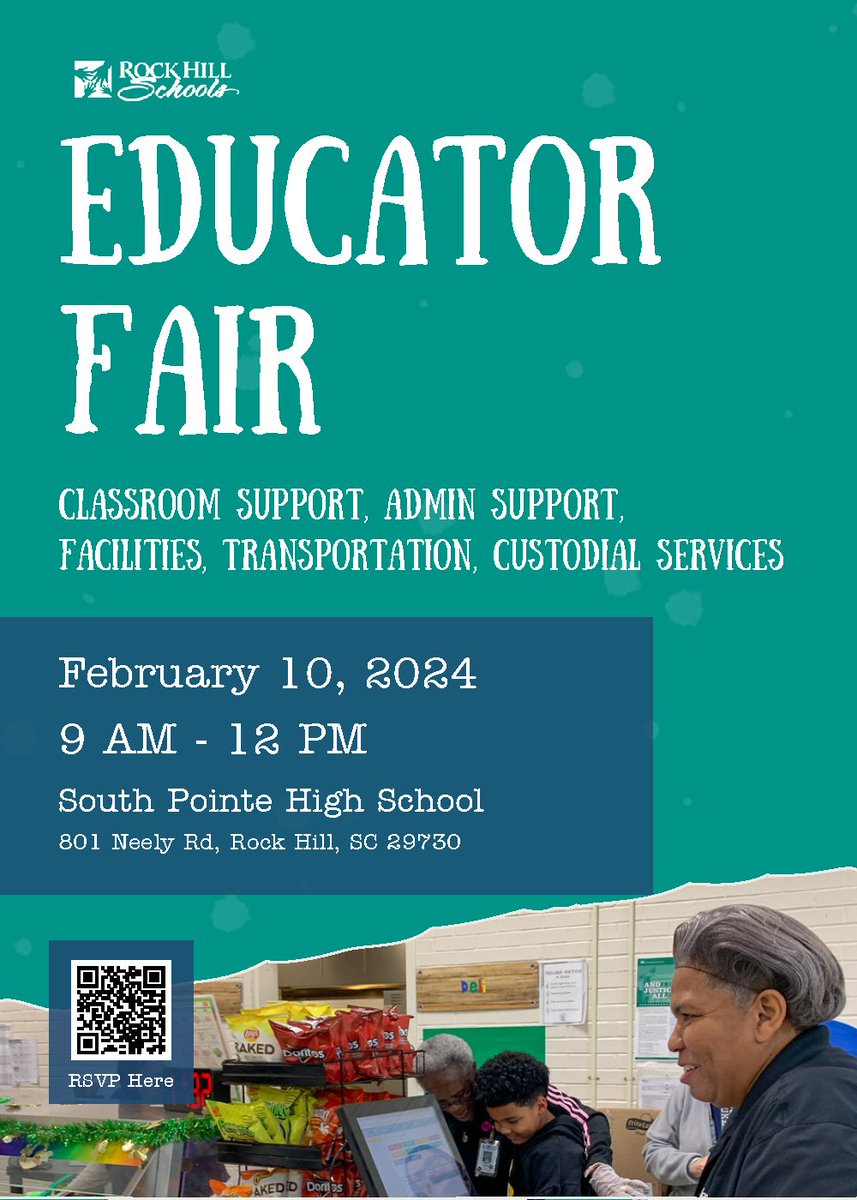 Our Educator Fair will cover all open positions. Are you looking to make a difference for the children of your community besides teaching? We need custodians, bus drivers, classroom support, and more. Learn about these positions on Feb. 10. More here: rock-hill.k12.sc.us/site/default.a…