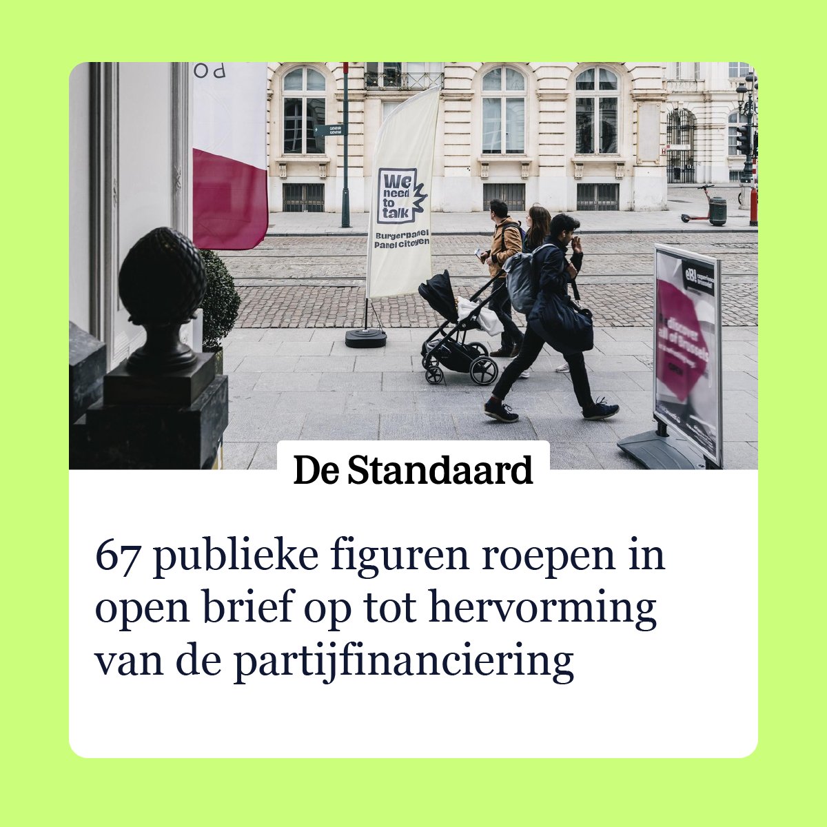 67 publieke figuren tot roepen op tot een hervorming van partijfinanciering 📣 Experts en politici zijn unaniem: het systeem is onhoudbaar. Ook het burgerpanel overhandigde al 34 concrete hervormingsvoorstellen. 👉 Lees de open brief in @destandaard: bit.ly/3vQrFMx