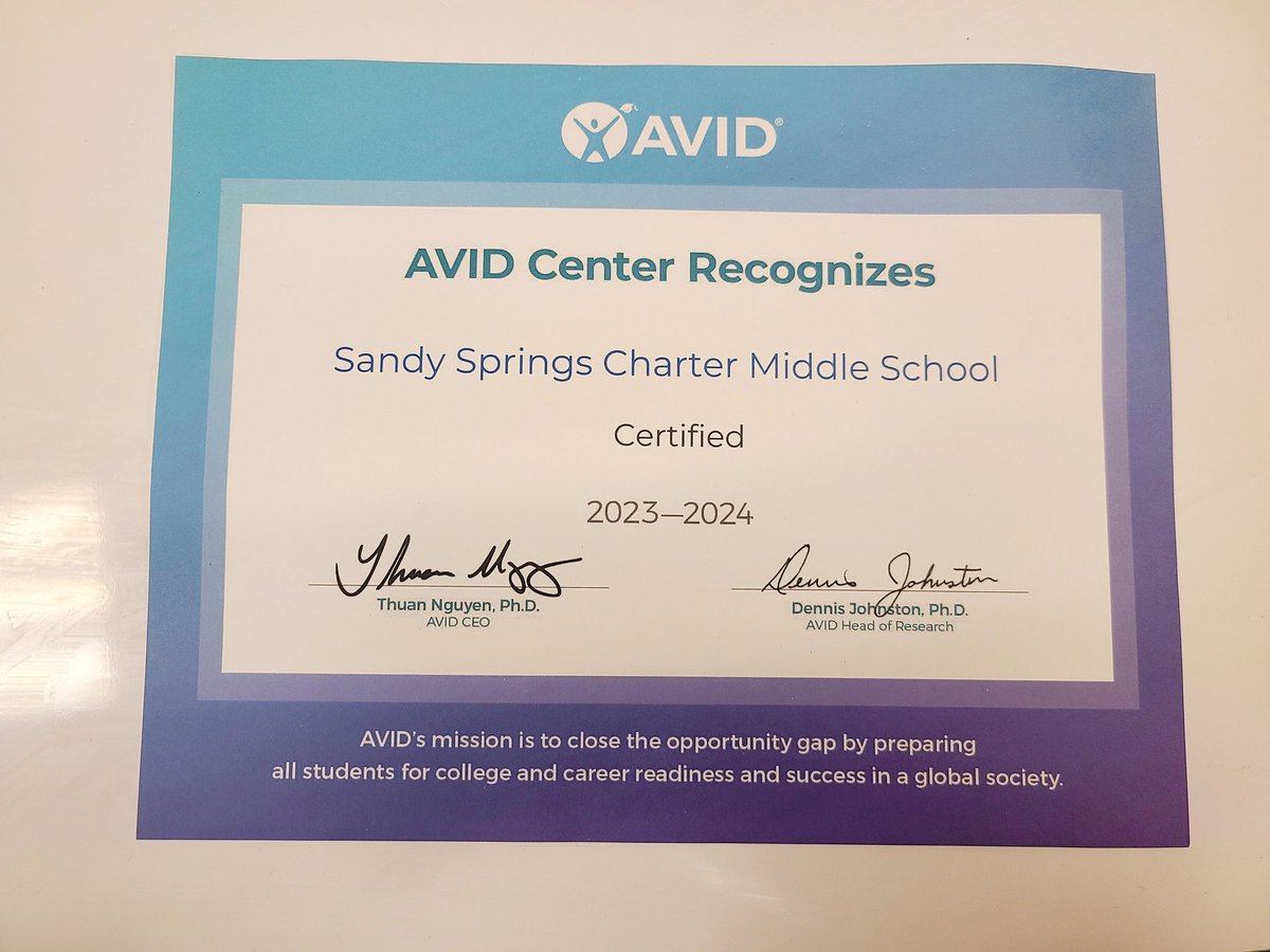 Way to go Sandy Springs! We are developing students that are high school and college ready!
#avid #middleschools #LearningJourney #Progress #collegereadiness #certified