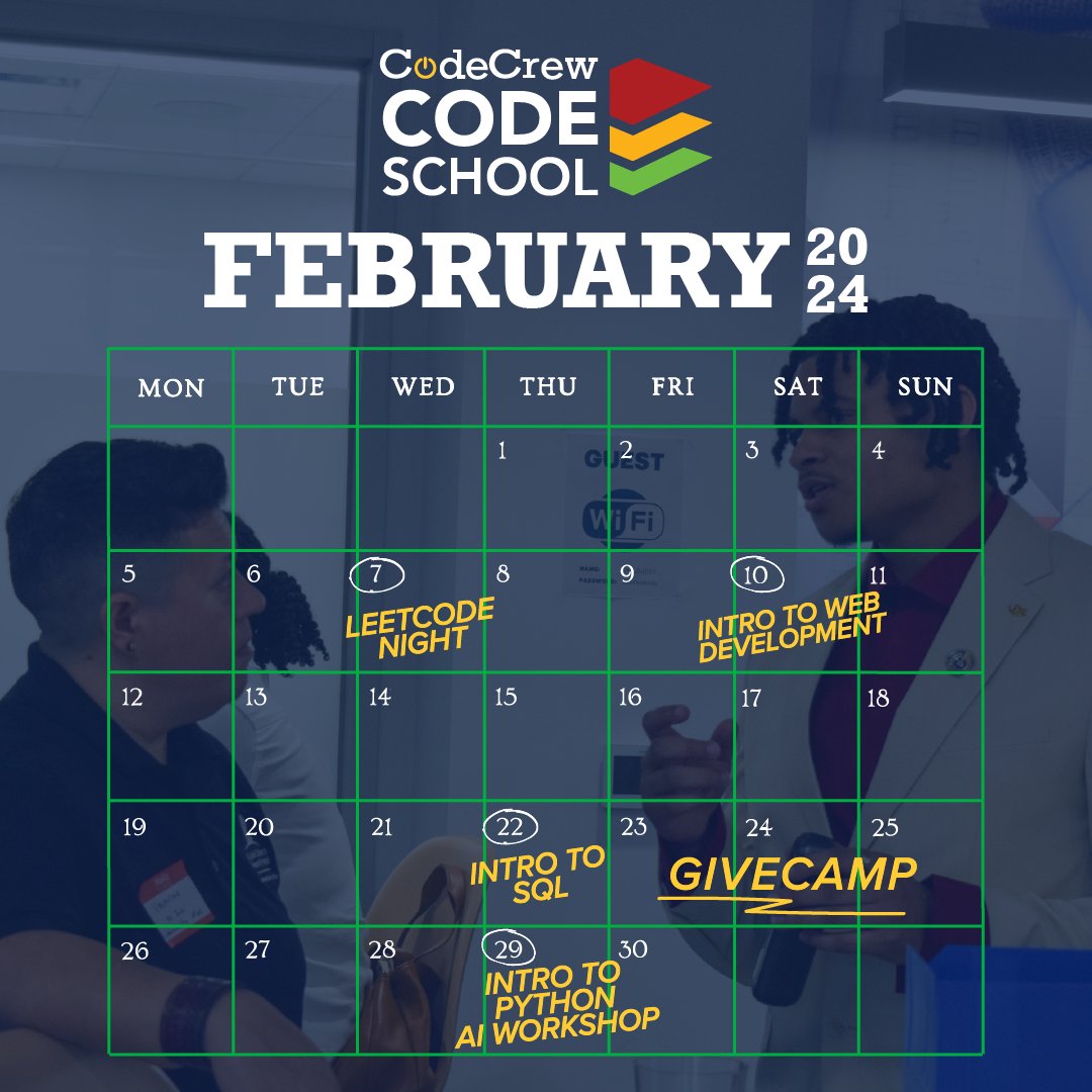Welcome to an exciting February at Code School, where opportunities abound! Join us for an introductory workshop for LEETcode Night, followed by an engaging beginner-level course in web development, intro to SQL and python! Embrace the chance to learn, grow, and code with us!