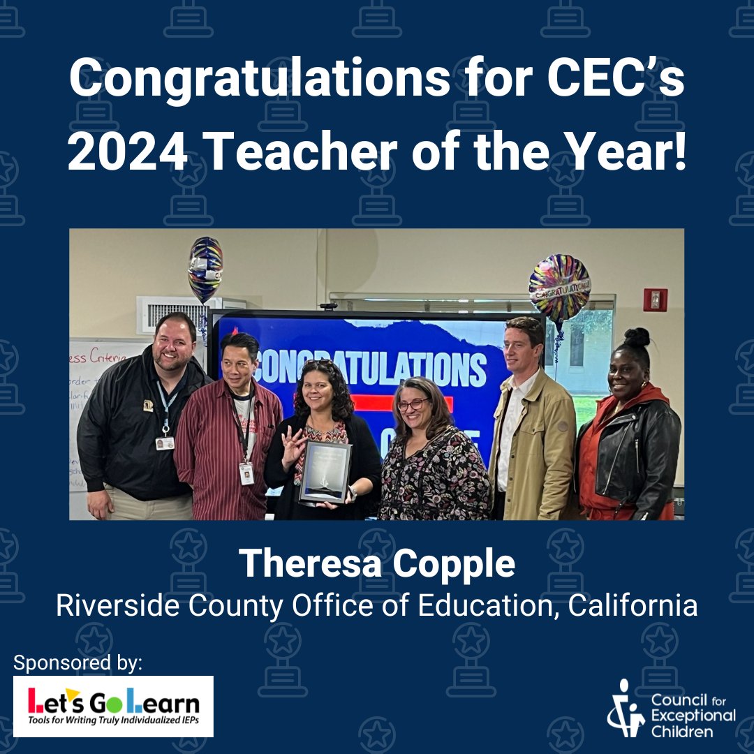 Congratulations to Theresa Copple, CEC's 2024 Teacher of the Year! Theresa will be honored at CEC's 2024 Convention and Expo.   

Read more about Theresa Copple and her excellent contributions: exceptionalchildren.org/blog/californi…