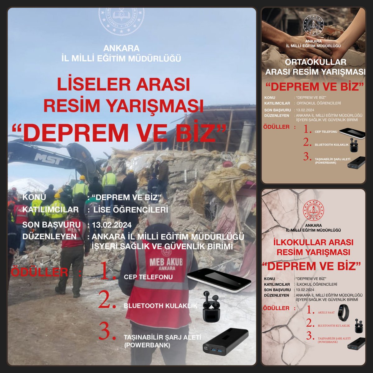 "Yüzyılın Felaketi 6 Şubat Depremi"nin ardından,
öğrencilerimizde farkındalık oluşturmak amacıyla İlkokul, Ortaokul ve Lise düzeyinde *Resim Yarışması* düzenledik.
Tüm öğrencilerimizin katılımını bekliyoruz.
<a href="/Yusuf__Tekin/">Yusuf Tekin</a>
<a href="/meb_dhgm/">Destek Hizmetleri Genel Müdürlüğü</a>
<a href="/ozkan_meb/">Özkan AVCI</a>
<a href="/MemAnkara/">Ankara İl Millî Eğitim Müdürlüğü</a>
<a href="/kocakysr/">Yaşar Koçak</a>
@ismail_ctinkaya