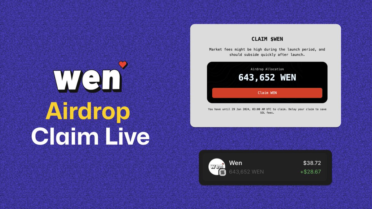 🪂 You can now claim the $WEN airdrop by Jupiter Exchange. ▫️ Current  price: approx $40 ▫️ Per claim: 643,652 tokens 🔗 Link:  https://t.co/gQXbbkm8ig - Open the link and connect your Solana