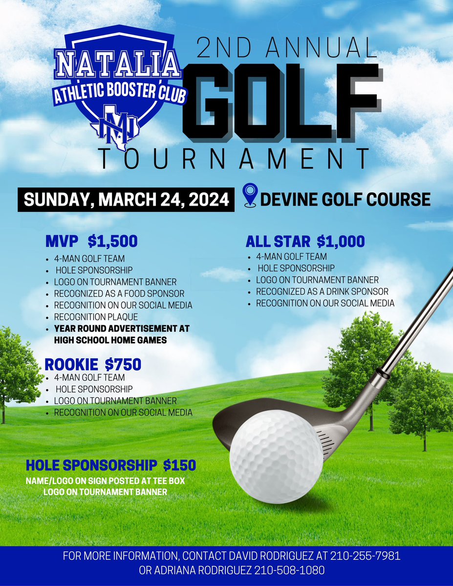 NataliaBooster4's tweet photo. Alright everyone. Please save the date. 
We are hosting our 2nd Annual Golf Tourney for the Natalia Athletic Booster Club. 
Gonna be a fun time. 
Get with David Rodriguez to register your team or about sponsorship opportunities. https://t.co/HBIkzPVVOM