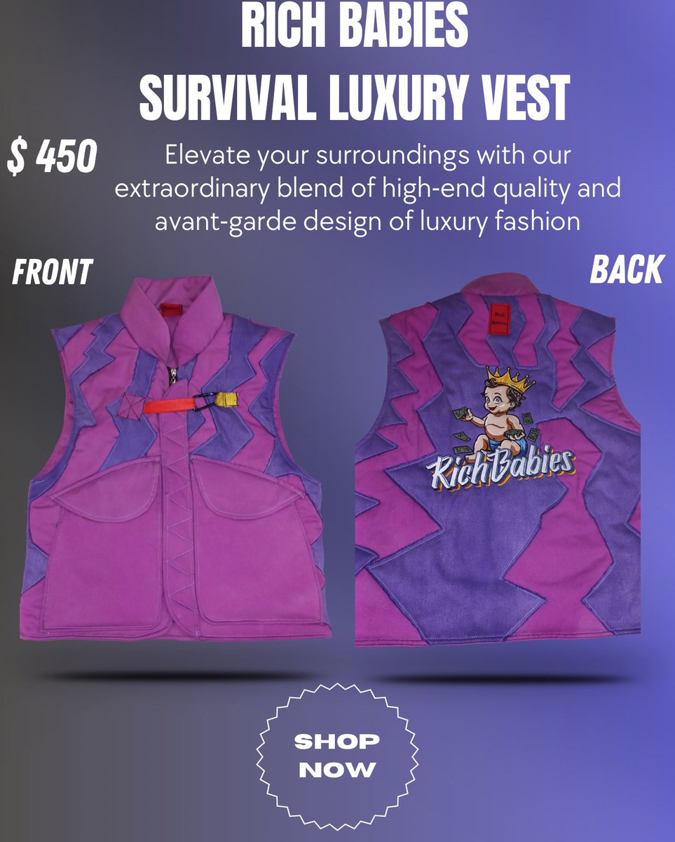 'Command the streets with confidence – our 'Rich Babies Survival Vest' is the pinnacle of high-end fashion at $450. Secure your exclusive 1-of-1 piece today and join the ranks of unrivaled style. Elevate your presence with the epitome of luxury. #UpscaleHype #PFW #StreetwearMen