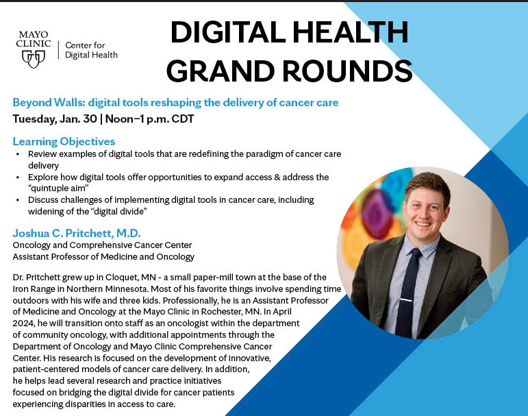 Season 2, Episode 1 ⁦<a href="/MayoClinic/">Mayo Clinic</a>⁩ Center for #DigitalHealth #GrandRounds invites ⁦<a href="/JPritchettMD/">Joshua Pritchett, MD</a>⁩ to lecture on #BeyondWalls #DigitalTools Reshaping the Delivery of #CancerCare